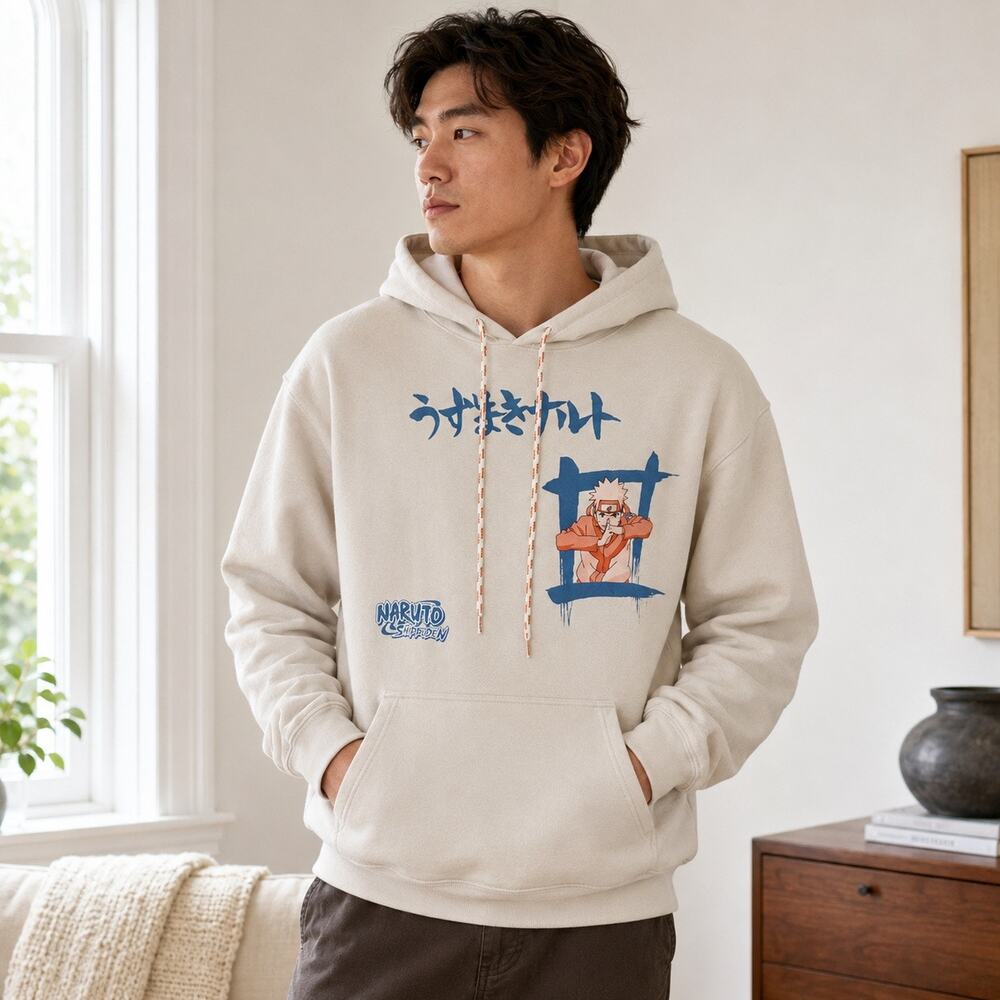 Naruto Shippuden Men’s Medium Cream Graphic Hoodie Anime Manga Pullover